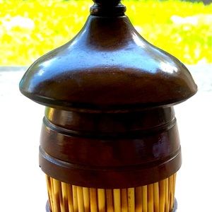 Vintage (circa early 1970s) Handmade Wood and Bamboo Stick Container with Lid